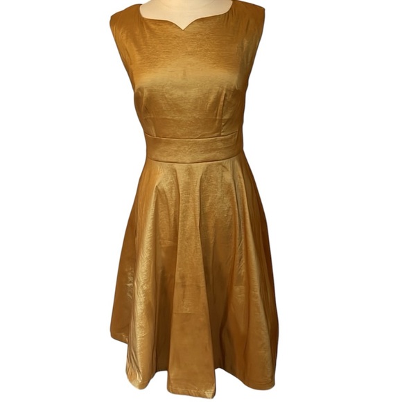 Modcloth Vintage inspired Gold Metallic fit & flare Midi Dress w/tulle Size 10 - Picture 1 of 14